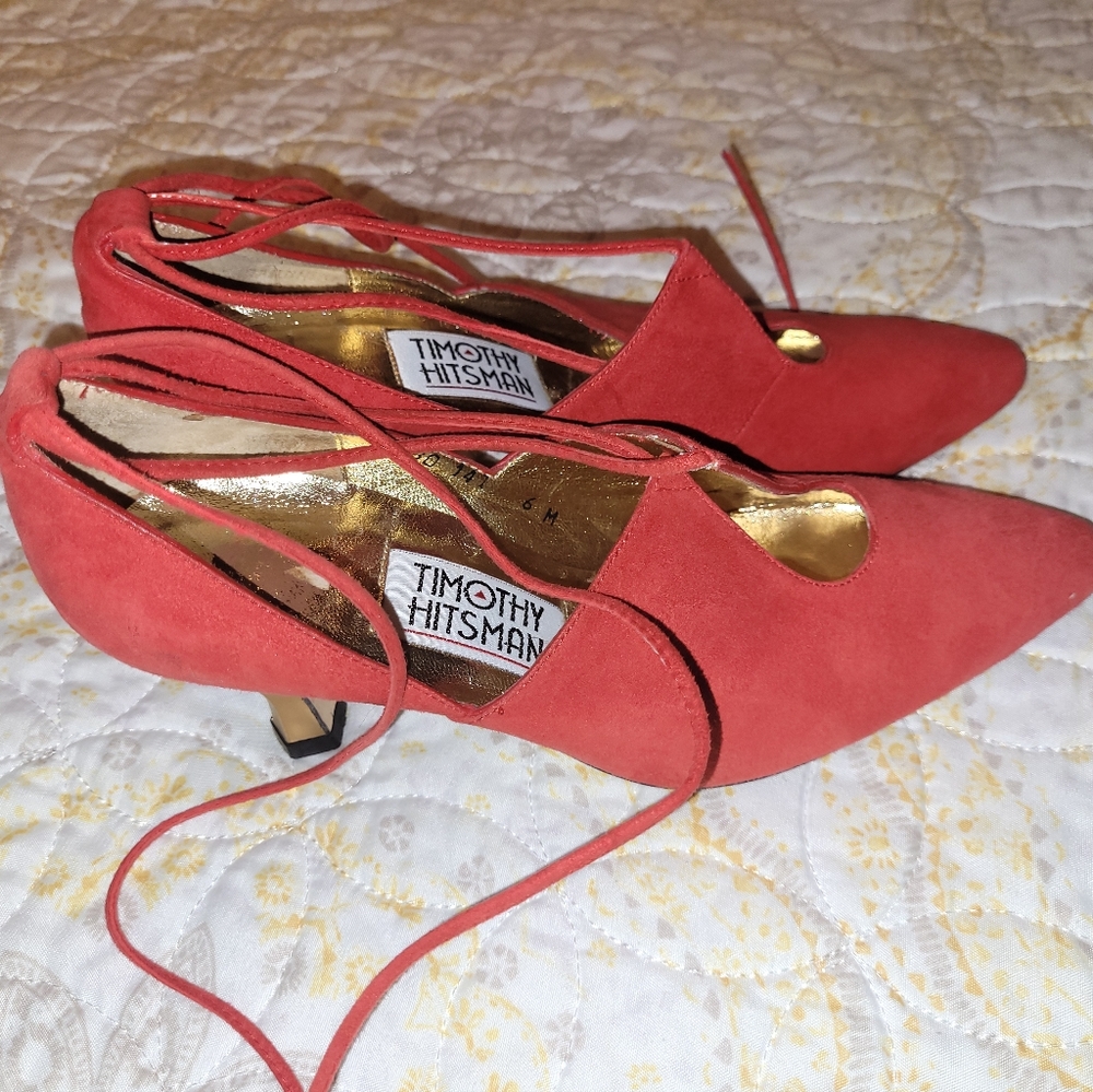 Vintage Timothy Hitsman red suede tie heels. Leather base. Size 6